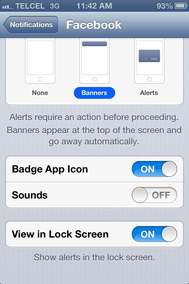 iPhone Facebook Notification Bottom Settings