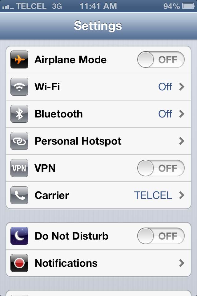 iPhone Settings Screen